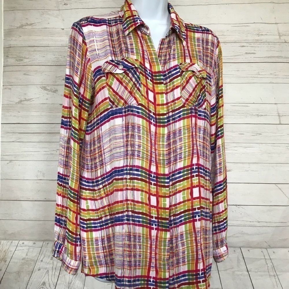 Cabi Sz M Plaid Cirque Long Tab Sleeve Shirt